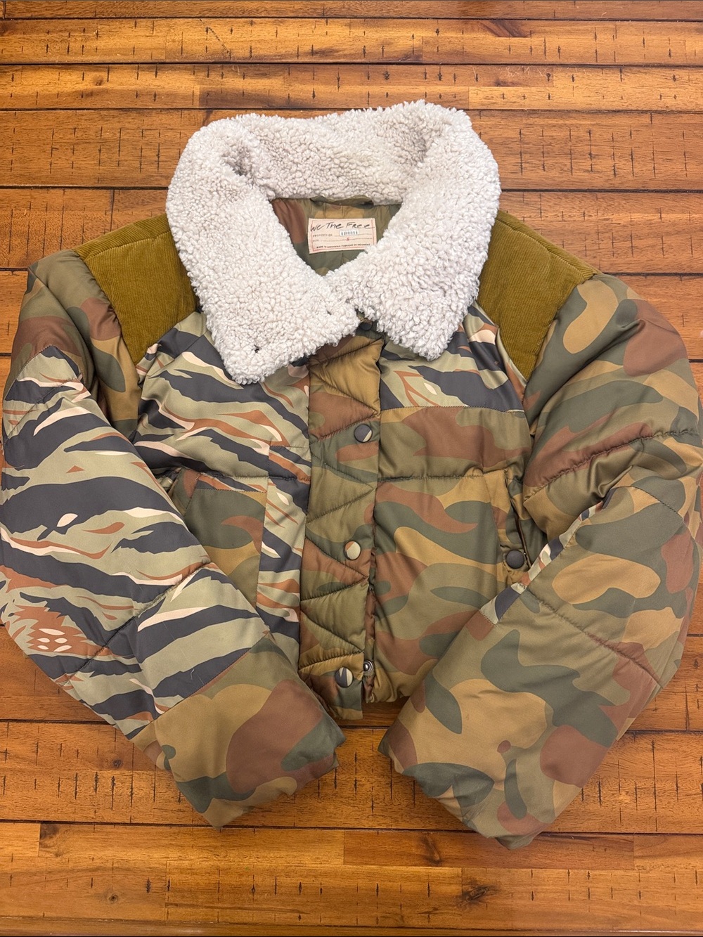 We The Free Kids Camo Puffer Jacket with Sherpa Collar - Olive/Brown